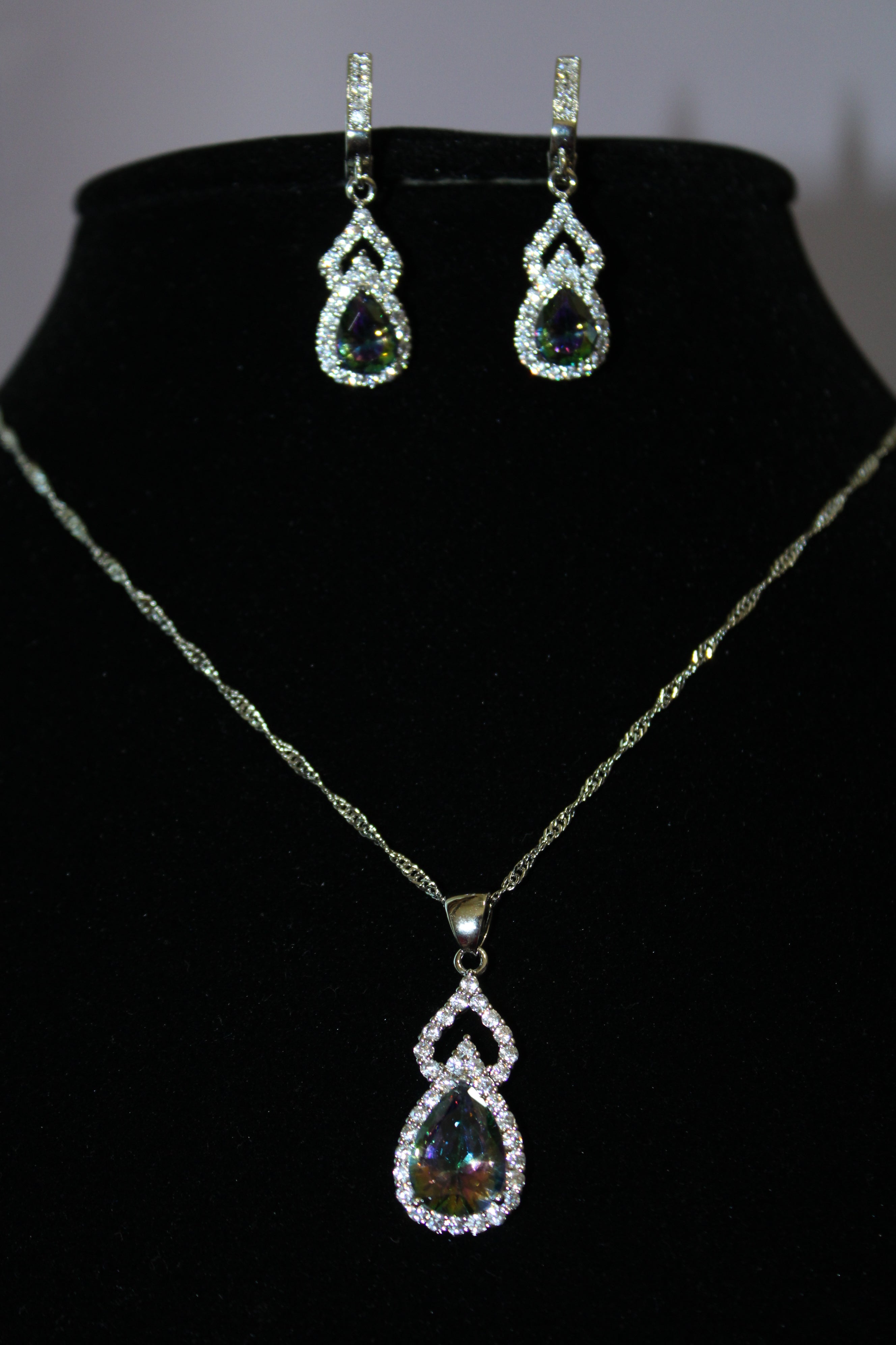 Sterling Silver Mystic Fire Green Topaz Teardrop Necklace Set