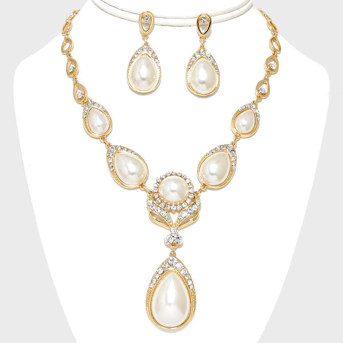 Gold Pearl Teardrop Flower Crystal Evening Statement Necklace Set