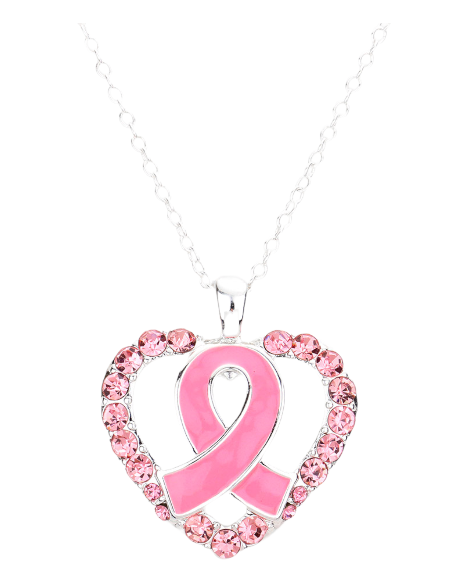 Pink Ribbon Awareness Heart Rhinestone Necklace