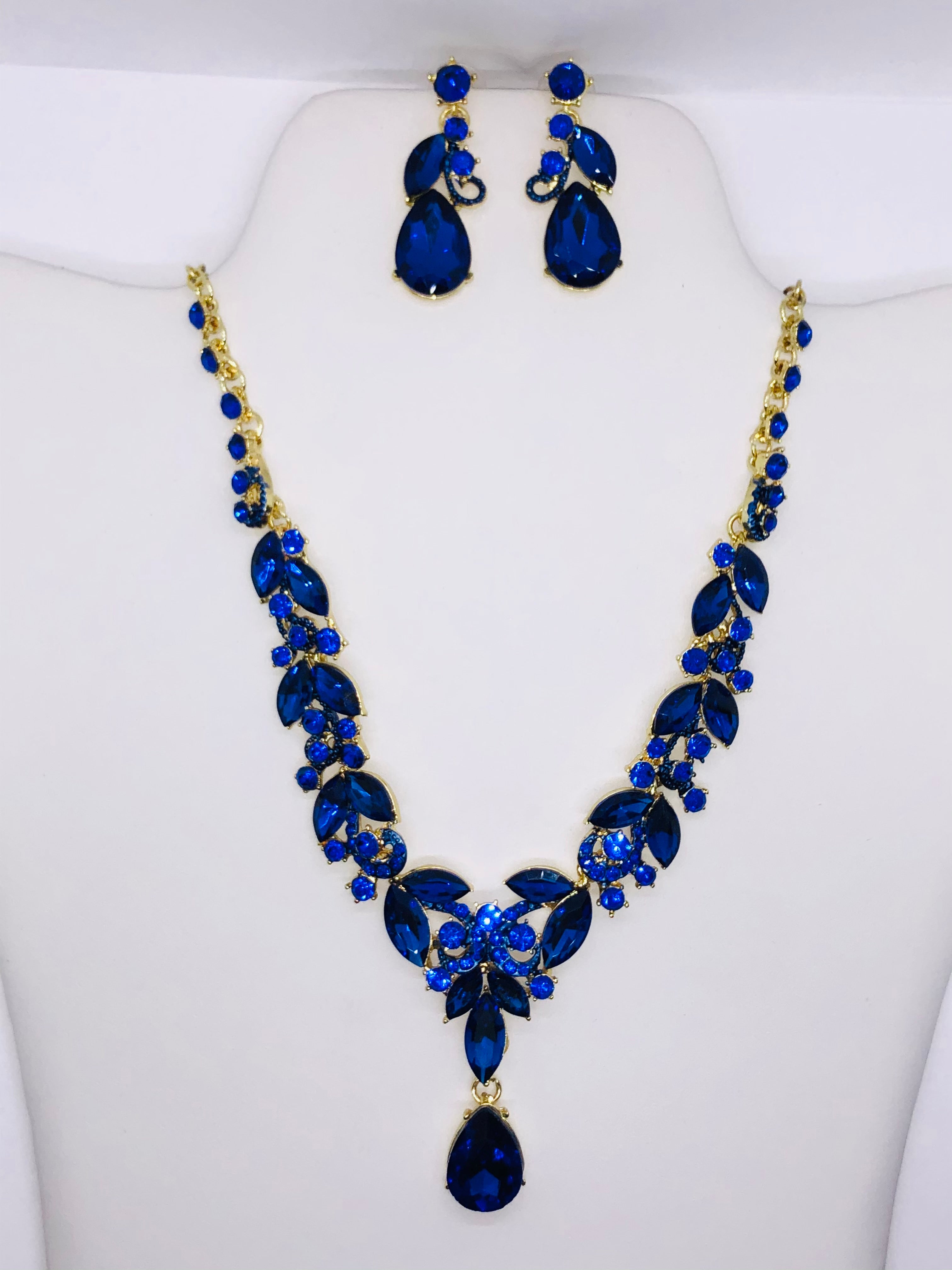 Sapphire Teardrop Evening Statement Necklace Set