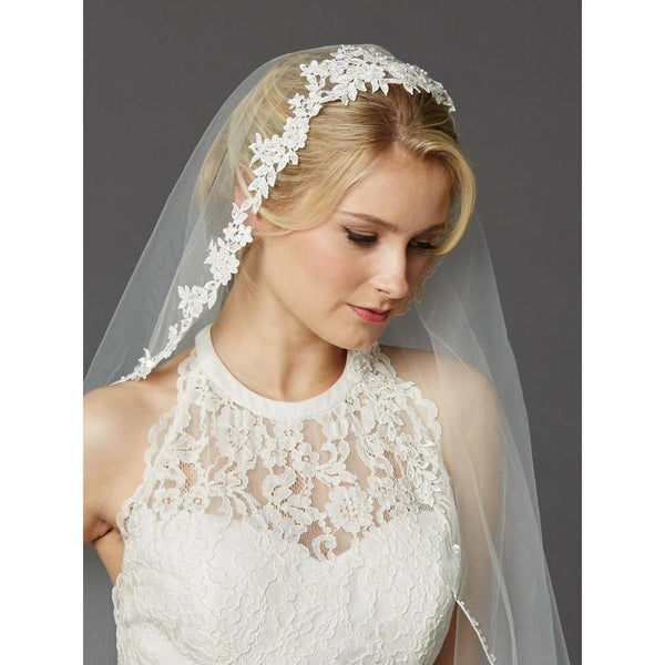 Beaded Floral Lace Waltz Length Wedding Veil C537