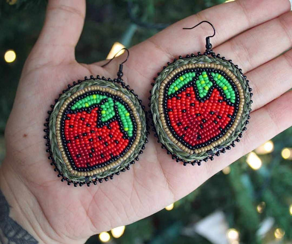 Strawberry Sweetgrass Earrings by @sweetgrass_beads by Heather Stewart