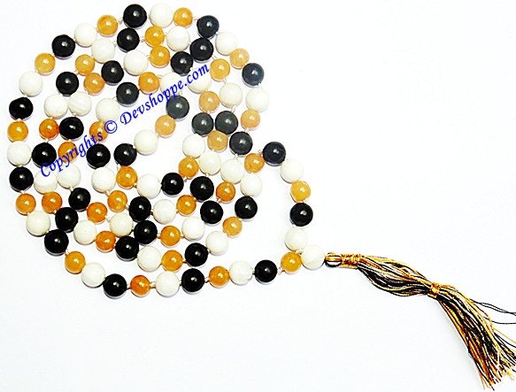 Mixed hakik (agate) mala having white,yellow and black hakik beads - Devshoppe