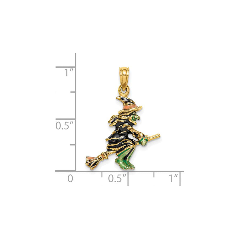 Enameled 3D Witch Flying on Broom Charm (14K)