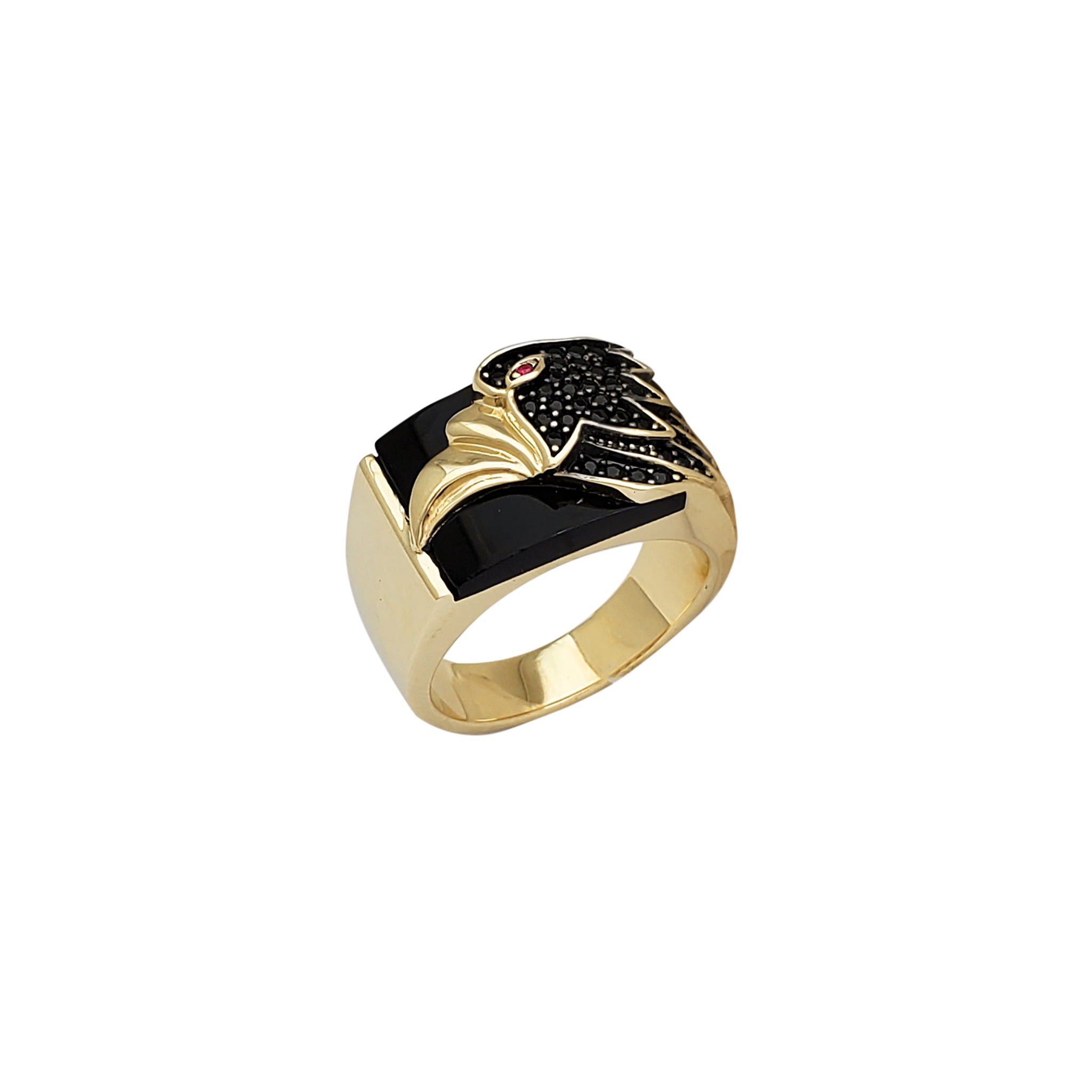 Zirconia Black Onyx Eagle Head Men's Ring (14K)