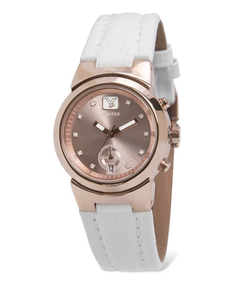 Women's Rose Gold Stainless Steel Chronograph w White Leather Bracelet ...