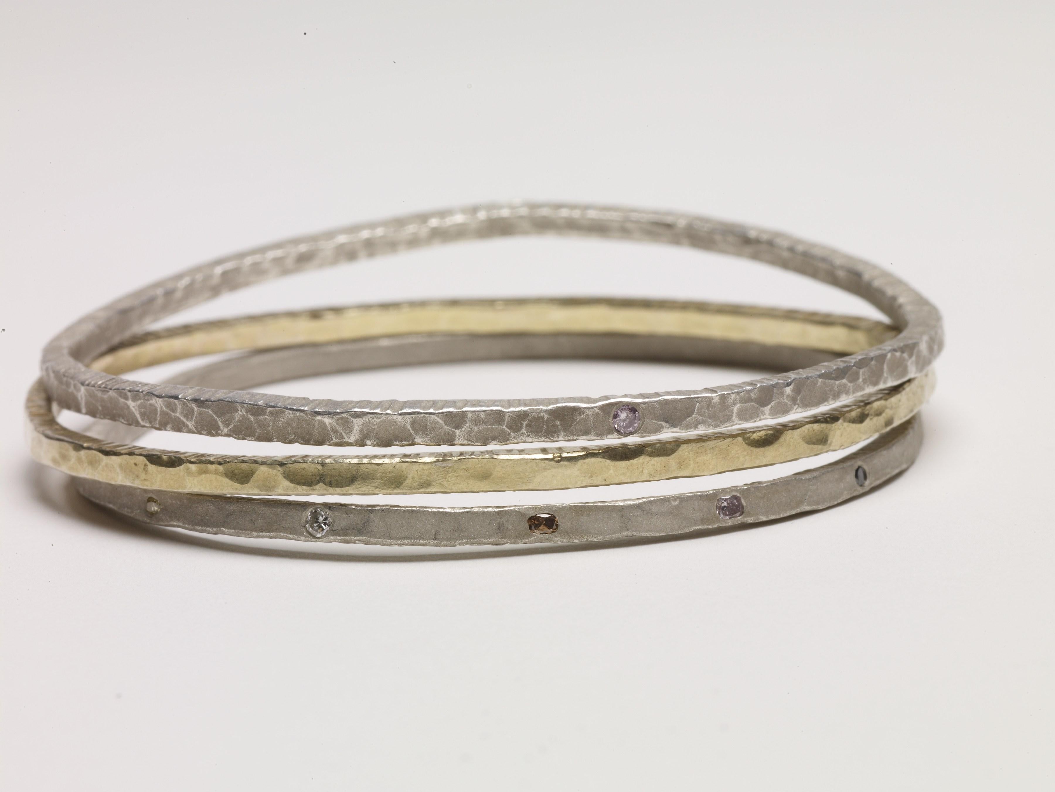 Sterling Silver Small Line Diamond Bangle Stack