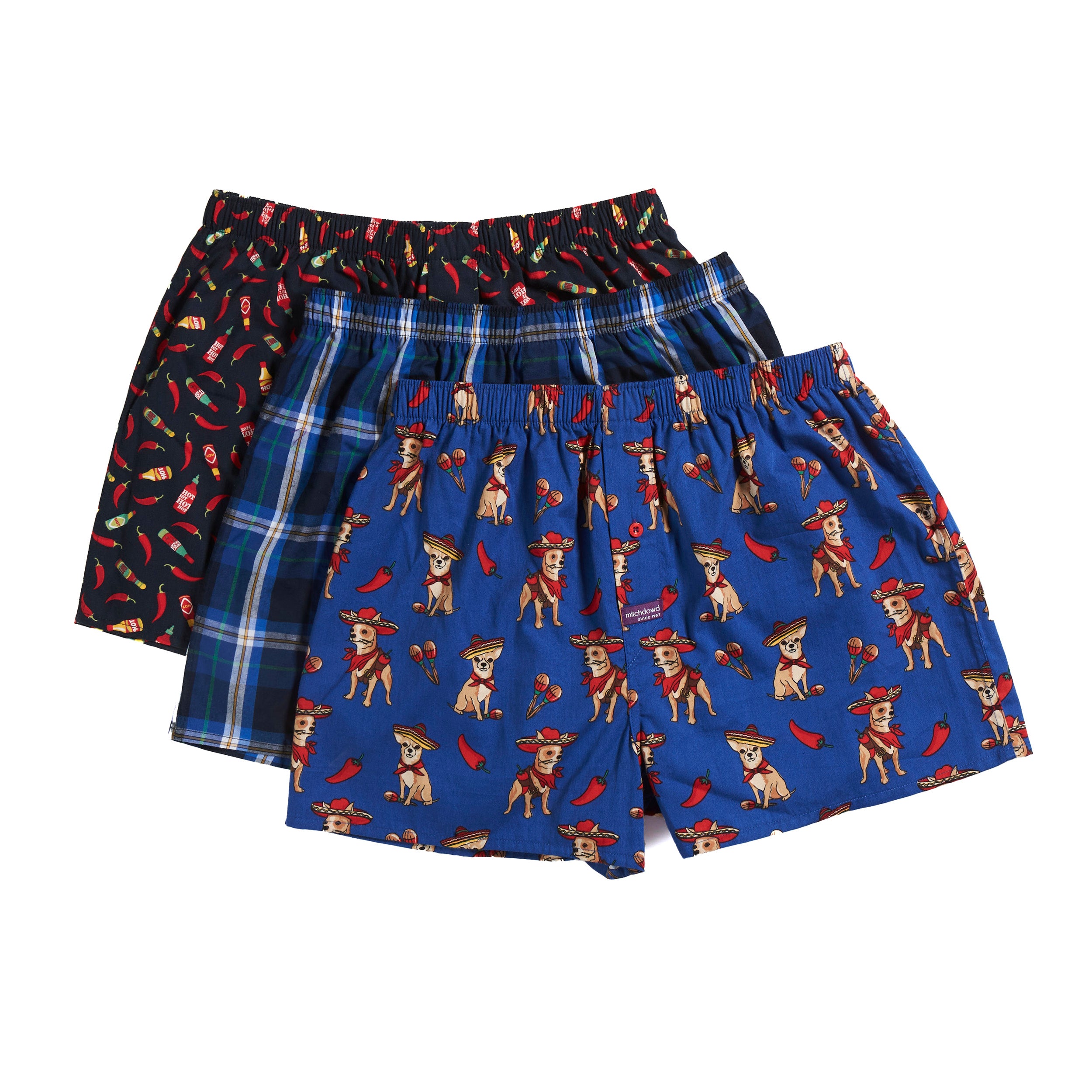 Men's Hot Chihuahua Printed & Yarn Dyed Cotton Boxer Shorts 3 Pack