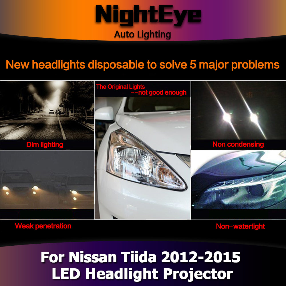 NightEye Car Styling for Nissan Tiida Headlights 2012-2015 New Tiida LED Headlight Signal LED DRL Bi Xenon Lens High Low Beam Parking