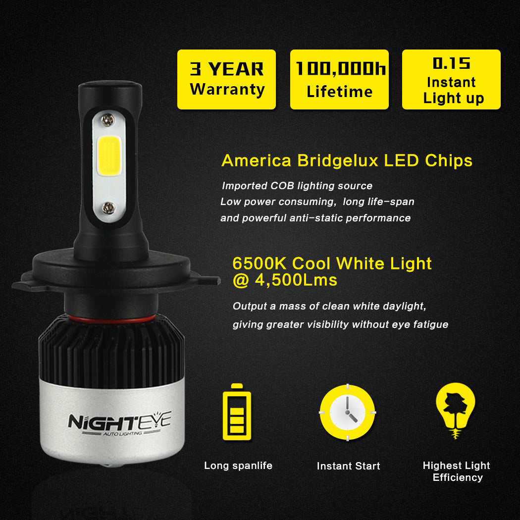 NIGHTEYE 72W 9000LM H4 LED Headlight Driving Fog Bulb Lamp Kit Mega White Beam