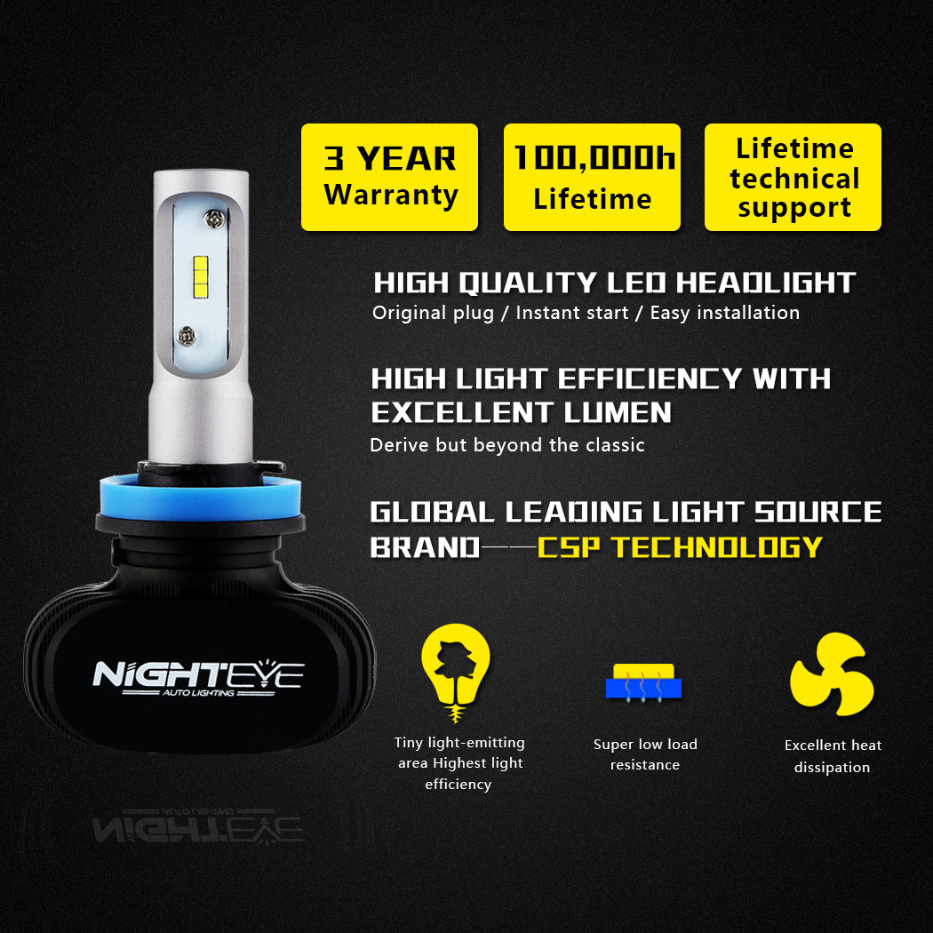NIGHTEYE H11 H8 H9 LED Car Headlight Light 8000LM 50W Replace Bulb Beam Kit 6000K