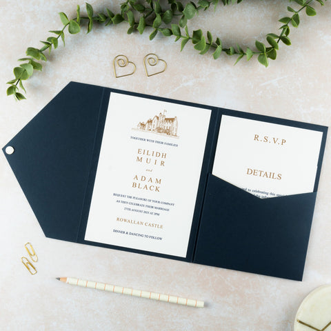 Rowallan Castle Venue Illustration Pocketfold Wallet wedding invitation - Com Bossa