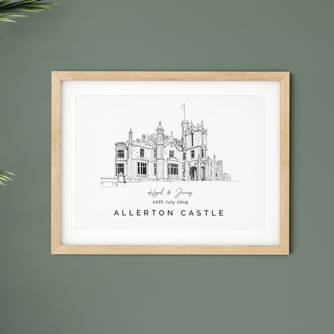 Personalised wedding venue illustration print - Allerton Castle -Com Bossa