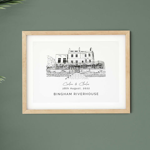 Wedding venue illustration print Bingham Riverhouse personalised Com Bossa