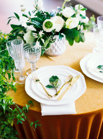 gold velvet tablecloth greenery florals