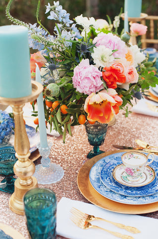 Sequin tablecloth with bright flowers