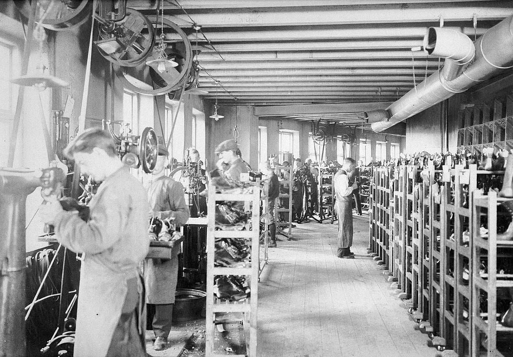 Shoe rack carts in swedish shoe factory in 1930s