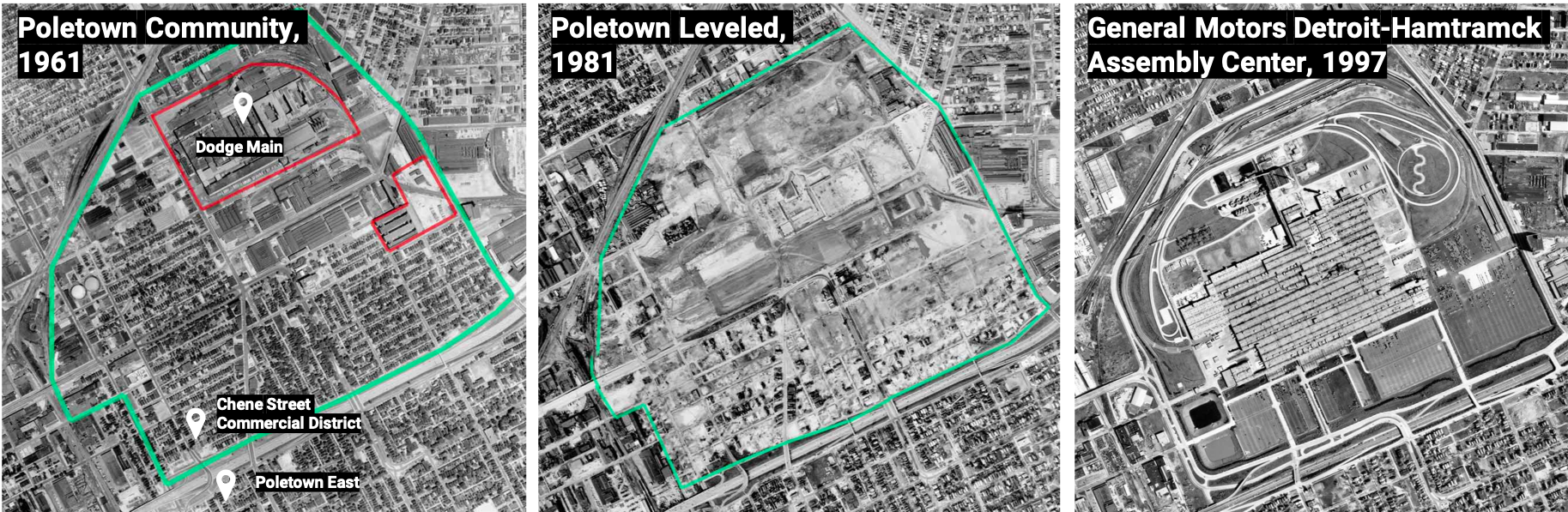 Side by side map comparisons of Poletown 1961, 1981, 1997