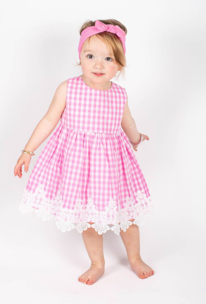 Popatu Baby Girls Pink Gingham Dress With Lace Trim