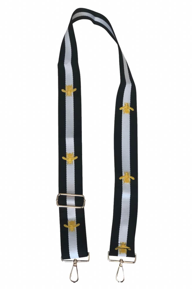 Black/White Stripe w/ Embroidered Gold Bee Adjustable Bag Strap