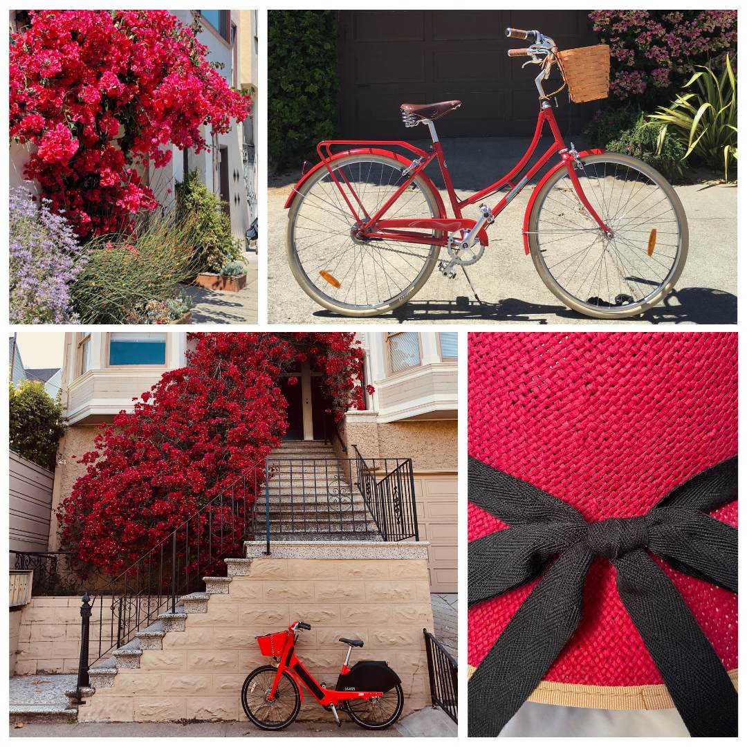 A collage of photos showing a close up of a red Straw Hat Bicycle Helmet, bougainvillea flowers, and a red bicycle against a beige wall, and another photo of a different red bicycle in front of a brown wall.