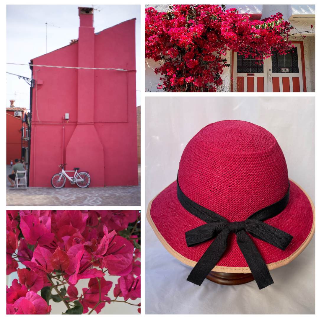 A collage of photos showing a red Straw Hat Bicycle Helmet, bougainvillea flowers and a white bicycle against a red wall.