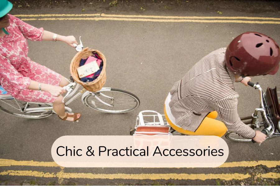 Chic & Practical Accessories: Overhead photo of two well-dressed women riding bicycles
