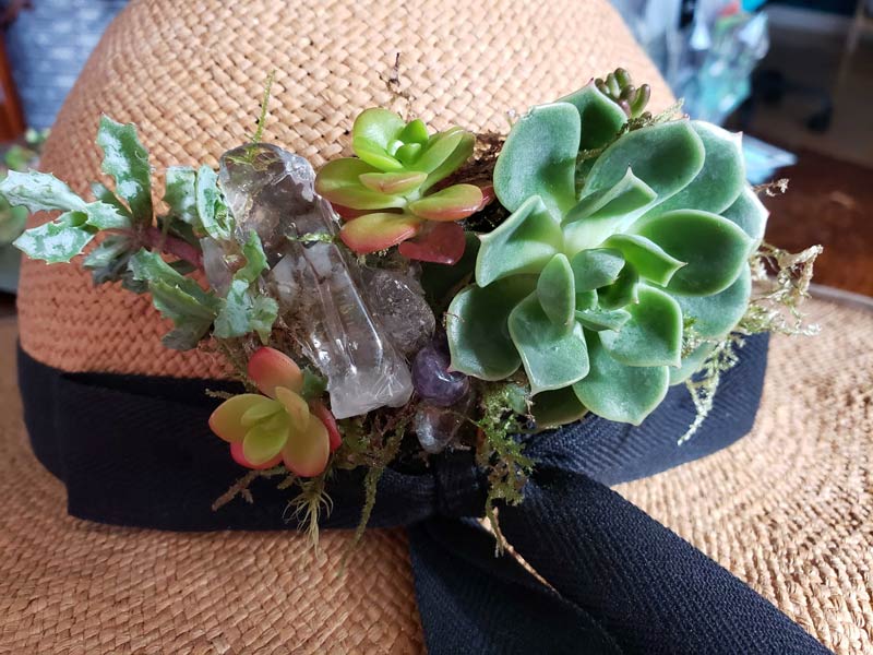 Christina's succulent and crystal embellishments for the Straw Hat Bike Helmet