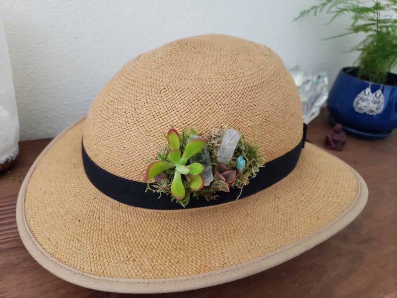 Christina decorated her Straw Hat Bike Helmet with succulents and crystals