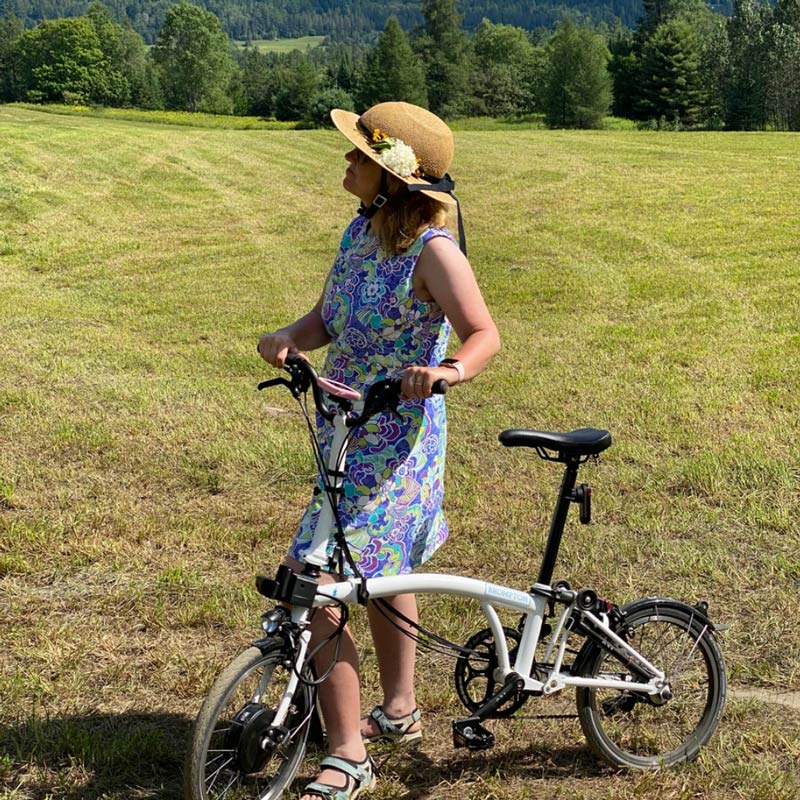Eilidh pinned a floral corsage to her Classic Straw Hat Bike Helmet