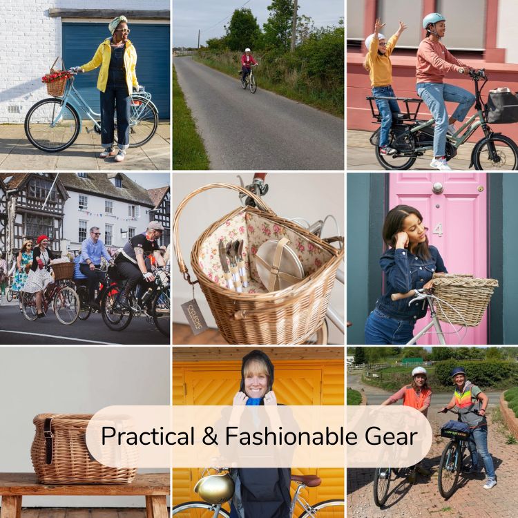 Practical & Fashionable Gear: a 3 by 3 grid of 9 photos showing various bike baskets, people on bikes, and bicycle attire