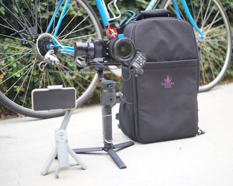 Pictured the MOZA Mini MX, Gimbal Bag, MOZA AirCross 2, MOZA iFocusM, Sony A6300, Mirfak Audio N2 Mini Shotgun Microphone, Miyata 512, Bicycle, Cycling.