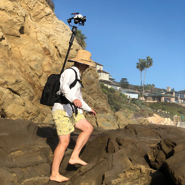 Pictured the Monopole Backpack, MOZA AirCross 2, MOZA iFocusM, Sony A6300, Mirfak Audio, N2 Mini Shotgun Microphone, Insta360 One X, Insta360pro 2, Insta360 One X2, Insta360 One R, 360 Camera, 360 Tour, Google Street View, Virtual Tour, 360 Video, 360 View, Film 360, 360 Photo, 360 Photography, Aerial Photography, Tiny Planet, Little Planet, Flow State, Virtual Visit, Beach, Tide Pool, Ocean.