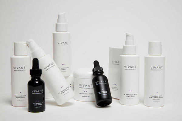 Studio photo of Vivant's mandelic acid cleansers, toners, and serums.