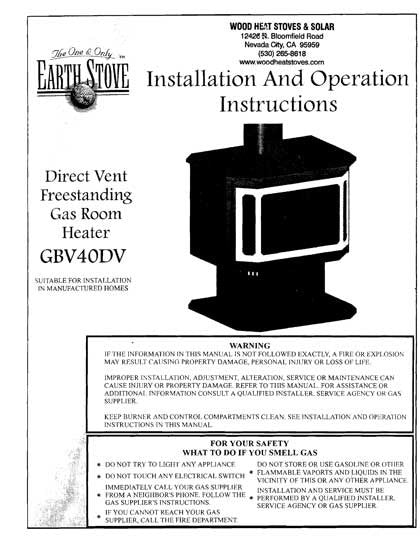 Earth Stove GBV40DV User Manual - Gas_ESGBV40 – WoodHeatStoves.com