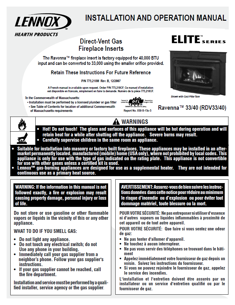 Lennox Ravenna DV 33/40 User Manual - Gas_LXRDV33/40 – WoodHeatStoves.com