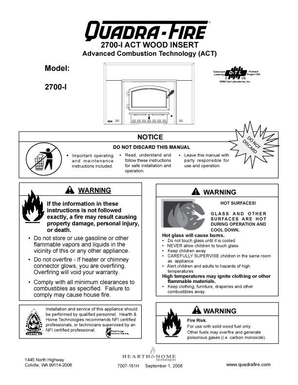 Quadra-Fire 2700 Insert User Manual - Wood_QF2700i – WoodHeatStoves.com