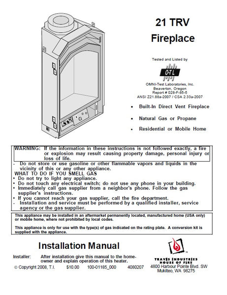 Travis 21 Trv Insert Tech Manual Gas 21trv Woodheatstoves Com