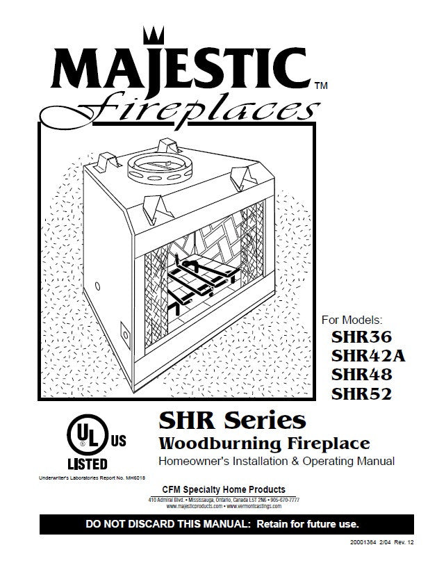 Majestic SHR Fireplace Insert User Manual Wood_SHR36, SHR42a, SHR48