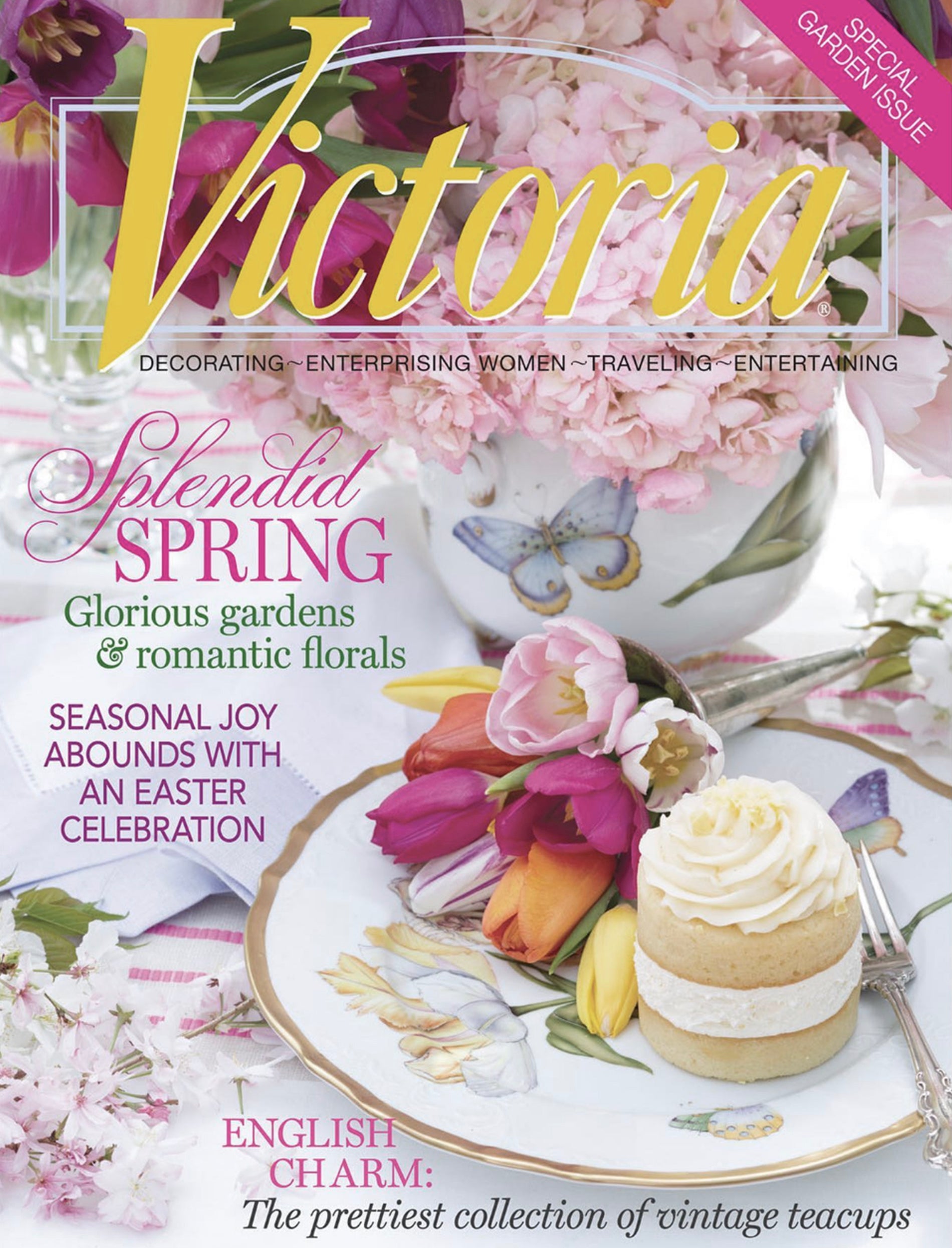 Victoria magazine cover featuring a Spring table with pastry and flowers