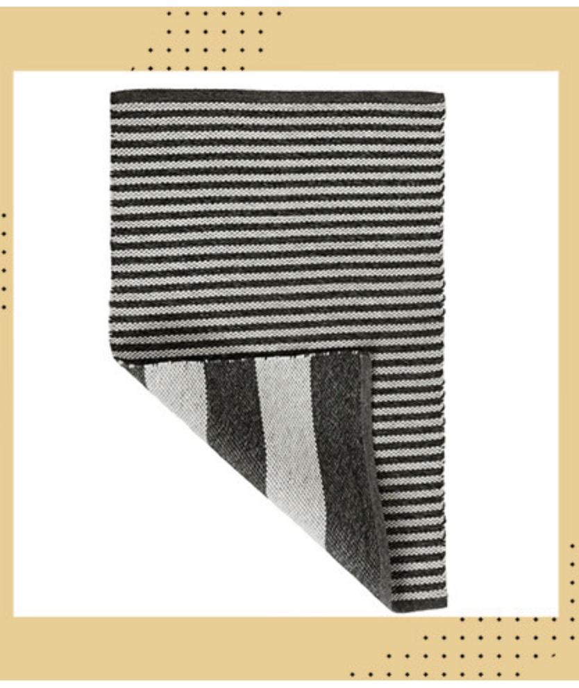 A striped white and charcoal area rug