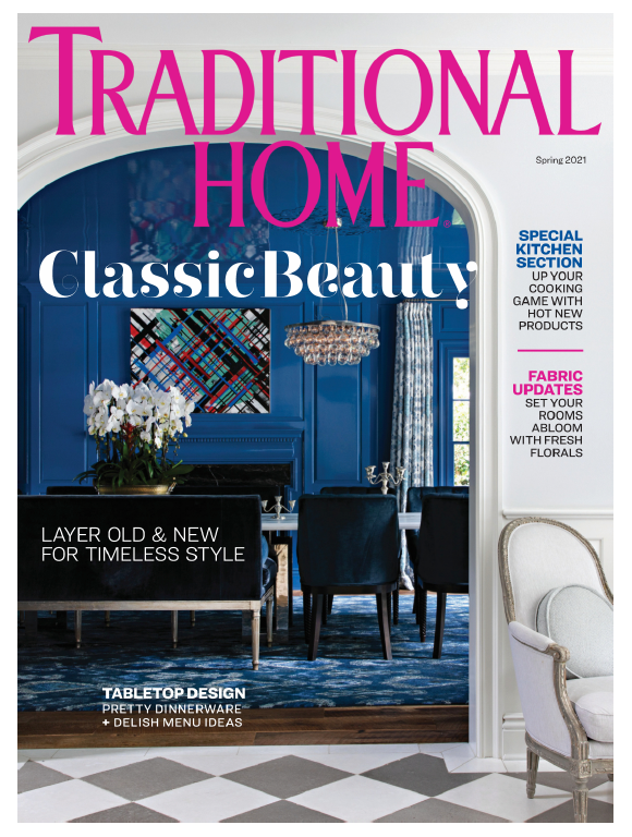 cover of traditional home magazine, fancy blue dining room