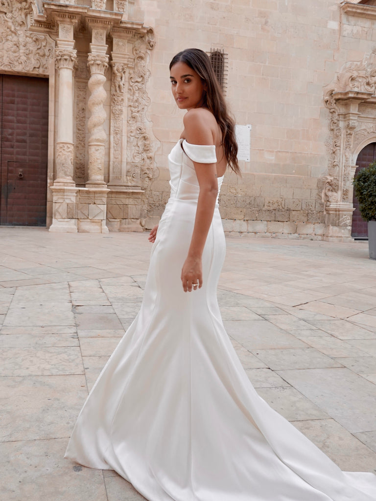 off-shoulder satin wedding dress