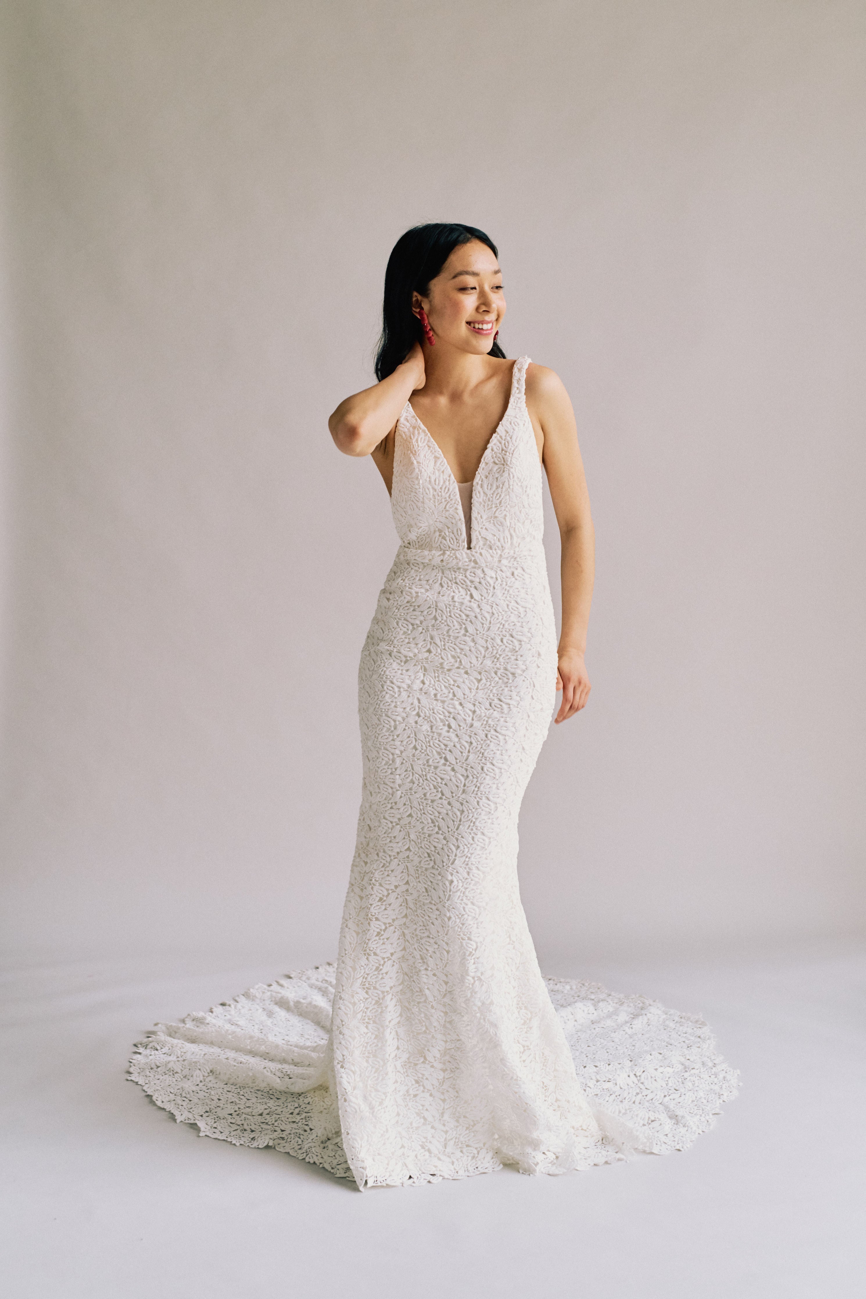 plunging neckline lace wedding dress