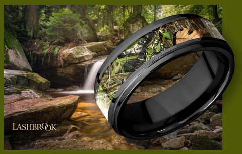 Lashbrook Wedding Ring made of Black Zirconium with a MossyOak Obsession Insert