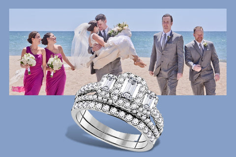 Three Emerald Cut Diamonds in a Halo Style Wedding Set