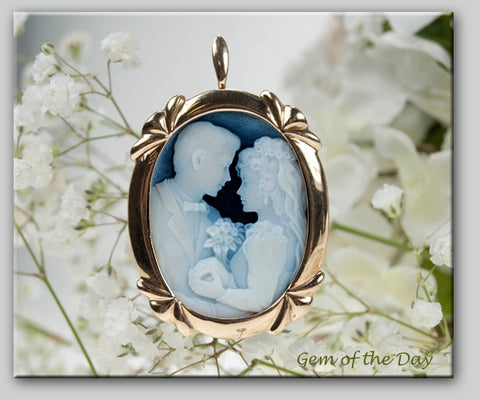 Blue Agate Bride and Groom Cameo Pin-Pendant Brooch