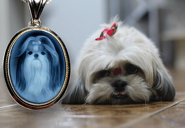 Shih Tzu Cameo Pendant, Blue Atate in Sterling SIlver with chain