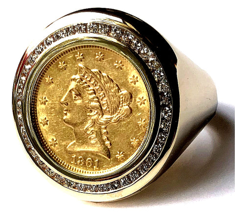 Men's Diamond and Gold Coin Ring featuring a Genuine USA Liberty Gold ...