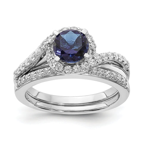 One Carat Sapphire Solitaire in a Diamond Halo Bridal Set, 14k White G ...